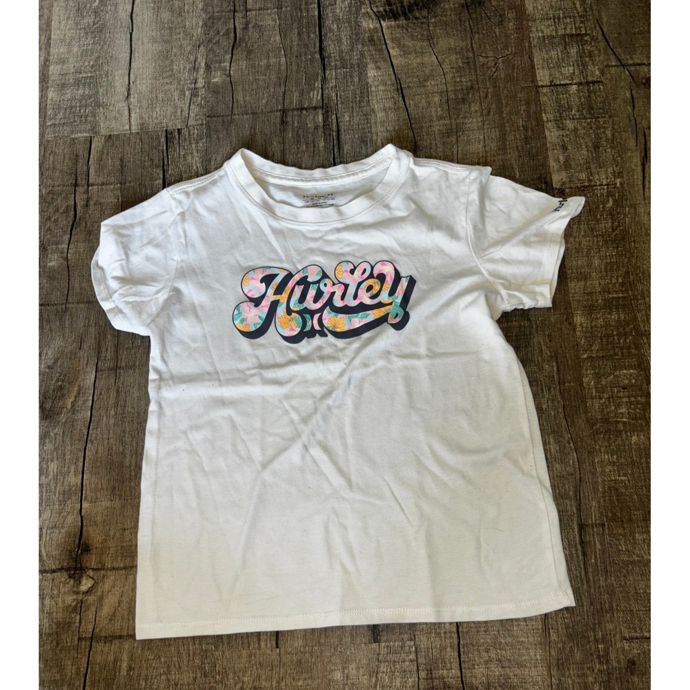 Hurley Girls White Floral Logo Graphic T-Shirt Size Medium 10-12 7719-WST